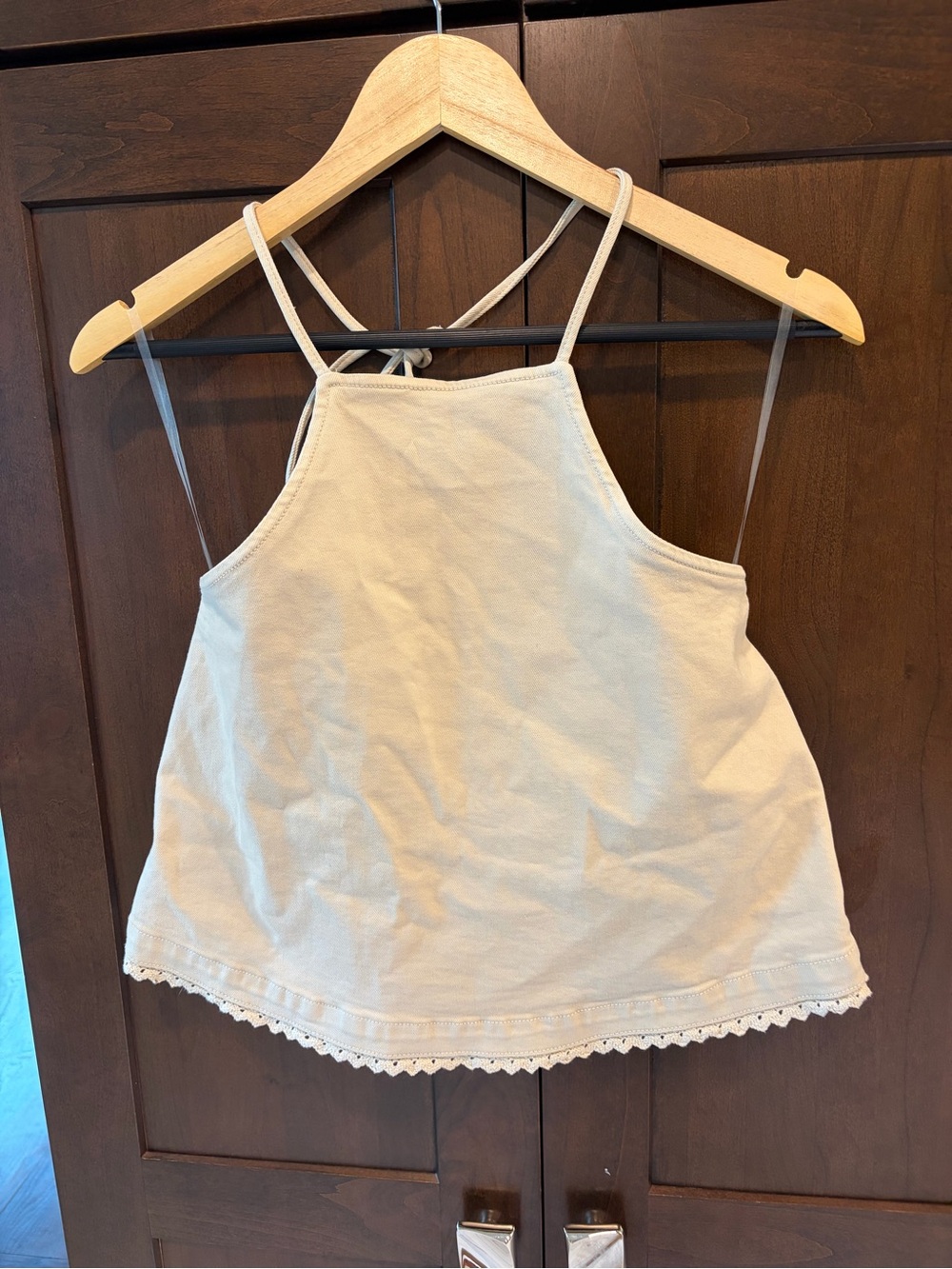 American Eagle Women's Cream Halter Tank Top with Lace Trim